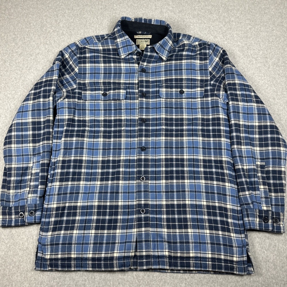 LL Bean Fleece Lined Flannel Shirt Mens Medium Traditional Fit Blue Plaid 298189
